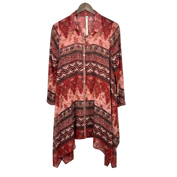 Uncle Frank Red Mixed Print Sheer Chiffon Button Down Asymmetrical Tunic Dress - Picture 2 of 8